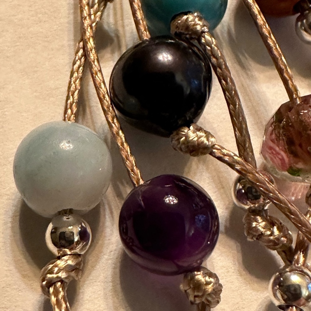 ARTISAN Gemstones and Pearls Braided Tan Cord Tassel Necklace 23 1/2” long - Picture 7 of 14